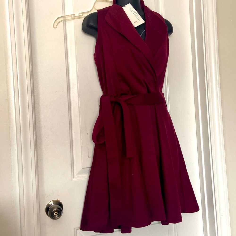 Vfish Merlot wrap waist tied mini v neck dress